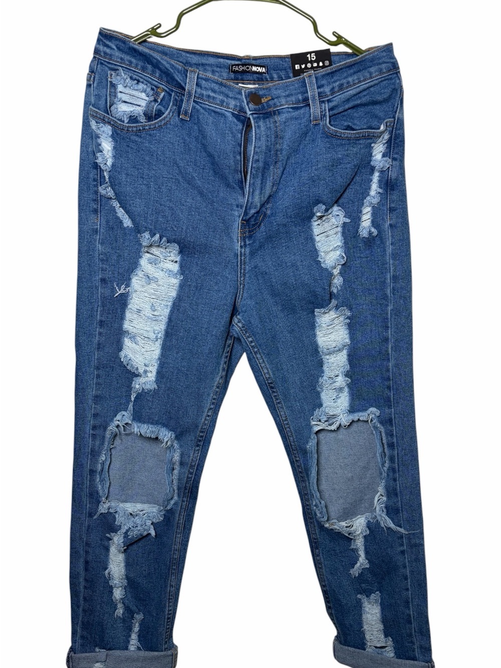 Fashion Nova Men Distressed Dark Blue Ripped Denim Jeans